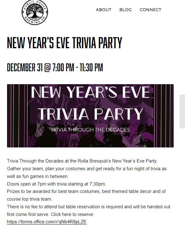New Year's Eve Trivia Party Public House Brewing Company, Rolla Naturally Meramec